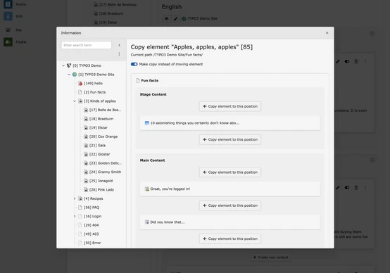 Interface displaying a content management system with sections for "Fun Facts" and "Main Content," including options to copy elements.