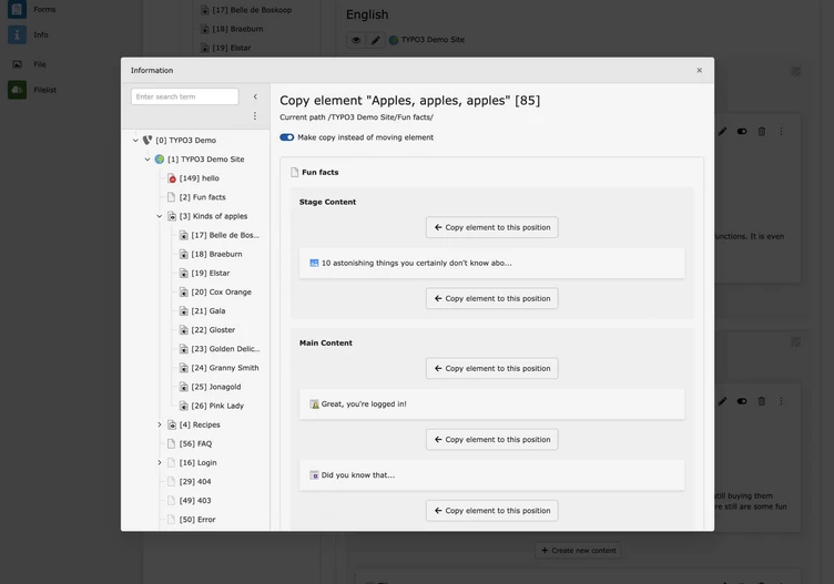 Interface displaying a content management system with sections for "Fun Facts" and "Main Content," including options to copy elements.