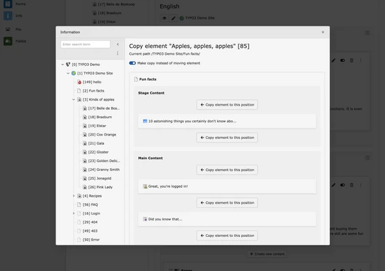 Benutzeroberfläche, die ein Content-Management-System anzeigt, mit Bereichen für "Wissenswertes" und "Hauptinhalt", einschließlich Optionen zum Kopieren von Elementen.
