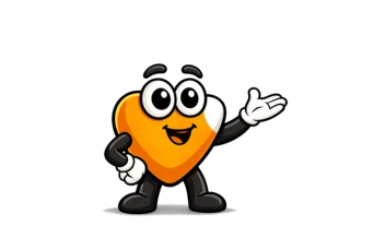 Cartoon character resembling a heart, with large eyes and a smiling expression, gesturing with one hand.