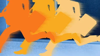 Silhouettes of three businesspeople running, each carrying a briefcase, depicted in a gradient of orange to yellow against a blurred background, suggesting urgency and movement.