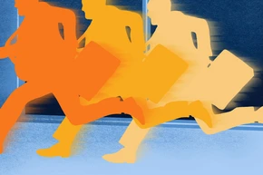 Silhouettes of three businesspeople running, each carrying a briefcase, depicted in a gradient of orange to yellow against a blurred background, suggesting urgency and movement.