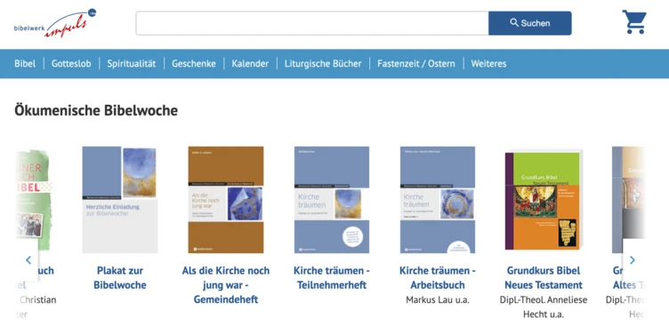 A selection of books related to the Ecumenical Bible Week, featuring various titles and covers, including "Grundkurs Bibel: Neues Testament" and "Kirche träumen." The layout includes a search bar and shopping cart icon at the top.