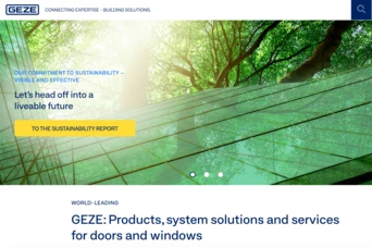 Text promoting GEZE's commitment to sustainability, featuring a green canopy and modern architectural elements related to doors and windows.