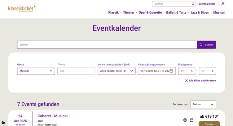 Event calendar displaying a musical event titled "Cabaret" scheduled for October 24, 2025, at Altes Theater Steyr, with ticket prices starting at €19.