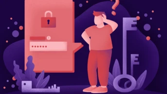 A person stands with a questioning expression next to a locked padlock and a password input field, surrounded by stylized keys and abstract shapes, symbolizing security and access challenges.