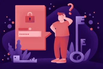 A person stands with a questioning expression next to a locked padlock and a password input field, surrounded by stylized keys and abstract shapes, symbolizing security and access challenges.