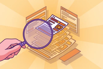 A hand holding a magnifying glass examines a stack of documents, with digital elements and web pages illustrated in the background, suggesting a focus on research or analysis.