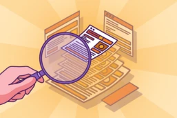 A hand holding a magnifying glass examines a stack of documents, with digital elements and web pages illustrated in the background, suggesting a focus on research or analysis.