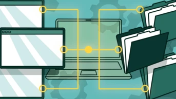 A laptop is connected to multiple file folders and browser windows, illustrating data management and organization concepts.