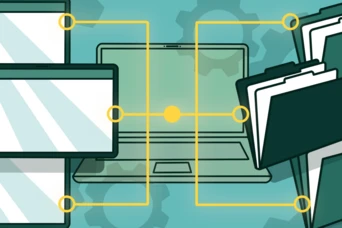 A laptop is connected to multiple file folders and browser windows, illustrating data management and organization concepts.