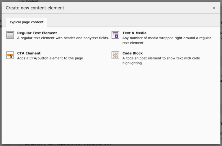 Menu options for creating new content elements, including "Regular Text Element," "Text & Media," "CTA Element," and "Code Block," each with brief descriptions of their functions.