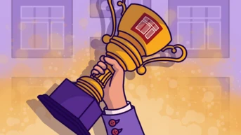A hand holds up a golden trophy with a logo, set against a blurred background of a building.