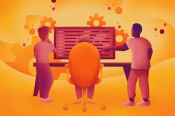 Drei Personen stehen um einen Computerbildschirm, auf dem Code angezeigt wird, während im Hintergrund Zahnräder abgebildet sind. Die Szene ist in warmen Orangetönen gehalten, was eine kooperative Arbeitsatmosphäre betont.