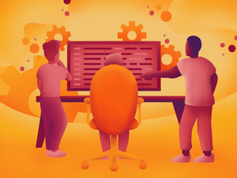 Three individuals are gathered around a computer screen displaying code, with gears illustrated in the background. The scene is set in warm orange tones, emphasizing a collaborative work environment.