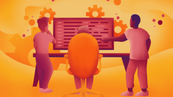 Three individuals are gathered around a computer screen displaying code, with gears illustrated in the background. The scene is set in warm orange tones, emphasizing a collaborative work environment.