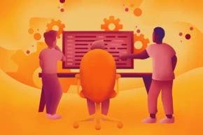Three individuals are gathered around a computer screen displaying code, with gears illustrated in the background. The scene is set in warm orange tones, emphasizing a collaborative work environment.