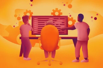Three individuals are gathered around a computer screen displaying code, with gears illustrated in the background. The scene is set in warm orange tones, emphasizing a collaborative work environment.