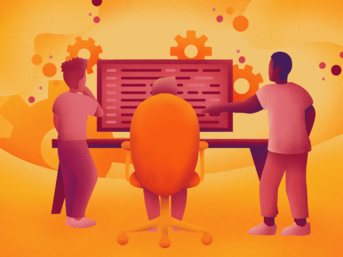 Three individuals are gathered around a computer screen displaying code, with gears illustrated in the background. The scene is set in warm orange tones, emphasizing a collaborative work environment.