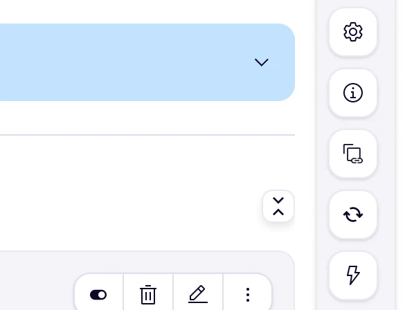 Benutzeroberfläche, die verschiedene Symbole für Einstellungen, Informationen und Bearbeitungswerkzeuge anzeigt, mit einem hervorgehobenen Dropdown-Menü oben.