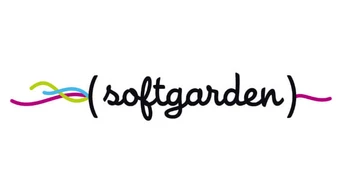 The logo features the word "softgarden" in a stylized font, accompanied by colorful, wavy lines in green and pink.