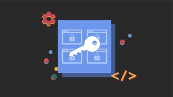 A key symbol overlays multiple locked browser windows, representing security and access control in web development.