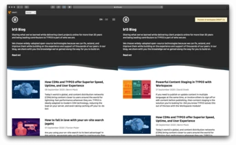 A blog homepage featuring articles on web development and user experience, including topics like CDNs, TYPO3, and content staging. Each article is summarized with a title and brief description, inviting readers to explore further.