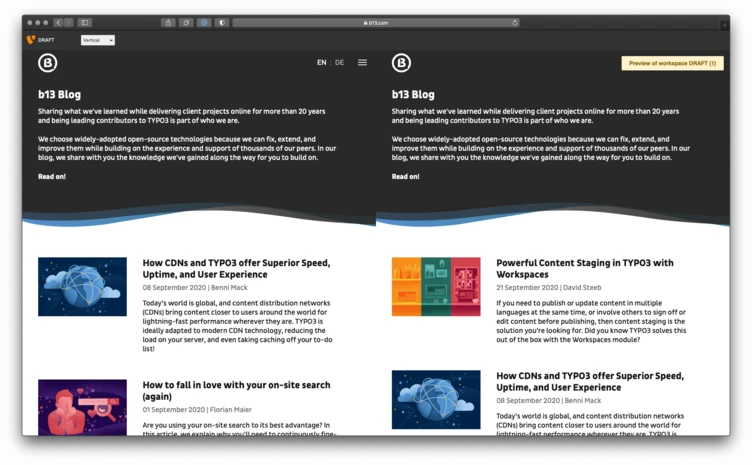 A blog homepage featuring articles on web development and user experience, including topics like CDNs, TYPO3, and content staging. Each article is summarized with a title and brief description, inviting readers to explore further.