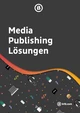 Text in bold: "Medienveröffentlichungs-Lösungen." Der Hintergrund zeigt verschiedene Symbole, die mit Medien und Technologie in Verbindung stehen, darunter einen Laptop, Kopfhörer und Pflanzen. Das Logo "b13.com" ist in der unteren rechten Ecke platziert.