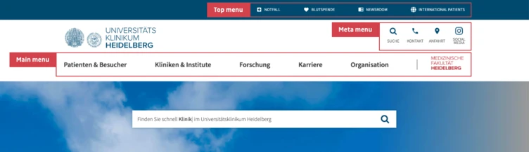 Sections of a website's main menu
