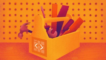 A yellow toolbox filled with various tools, including a hammer, wrench, and saws, set against an orange background with a pegboard pattern.