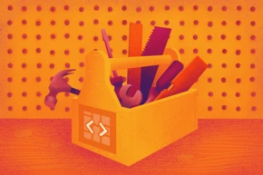 A yellow toolbox filled with various tools, including a hammer, wrench, and saws, set against an orange background with a pegboard pattern.
