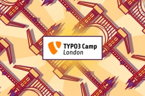 Grafik mit einem stilisierten Design der Londoner Skyline, in der das Logo für TYPO3 Camp London prominent in der Mitte platziert ist.