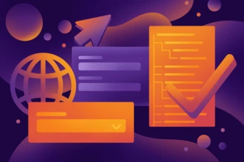 Abstrakte digitale Illustration mit einem Globus, einem Häkchen, Textfeldern und einem aufwärts gerichteten Pfeil, alles in verschiedenen Orangetönen und Lila auf einem dunklen Hintergrund, das Konnektivität und digitale Kommunikation symbolisiert.