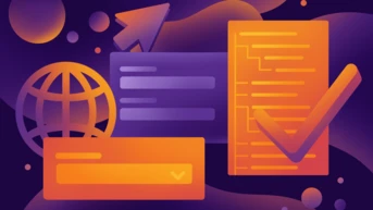 Abstrakte digitale Illustration mit einem Globus, einem Häkchen, Textfeldern und einem aufwärts gerichteten Pfeil, alles in verschiedenen Orangetönen und Lila auf einem dunklen Hintergrund, das Konnektivität und digitale Kommunikation symbolisiert.