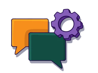 Two speech bubbles in orange and green with a purple gear symbol, representing communication and settings or customization.