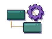 Two green rectangles connected by yellow lines to a purple gear, illustrating a process or system flow.