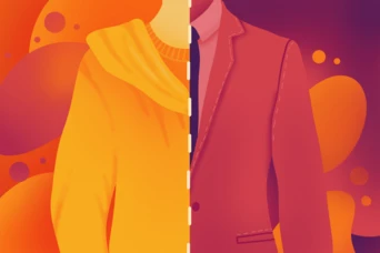 A split illustration showing a person wearing a casual yellow hoodie on one side and a formal suit on the other, set against a colorful abstract background.