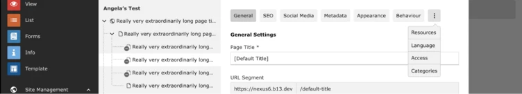 Settings panel displaying options for a website, including sections for General, SEO, Social Media, Metadata, Appearance, and Behavior. The General Settings section shows fields for Page Title, Language, Access, and Categories.