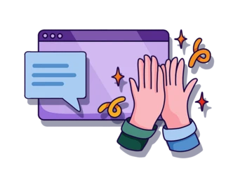 Hands clapping in front of a computer screen with a speech bubble and decorative elements, symbolizing celebration or acknowledgment.