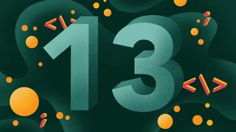 The number "13" is prominently displayed in a stylized font, accompanied by abstract shapes, circles, and coding symbols in a green and orange color scheme.