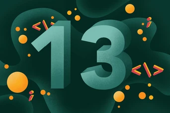 The number "13" is prominently displayed in a stylized font, accompanied by abstract shapes, circles, and coding symbols in a green and orange color scheme.