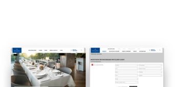 Website layout featuring a dining setup with a table setting on the left and a product inquiry form on the right.