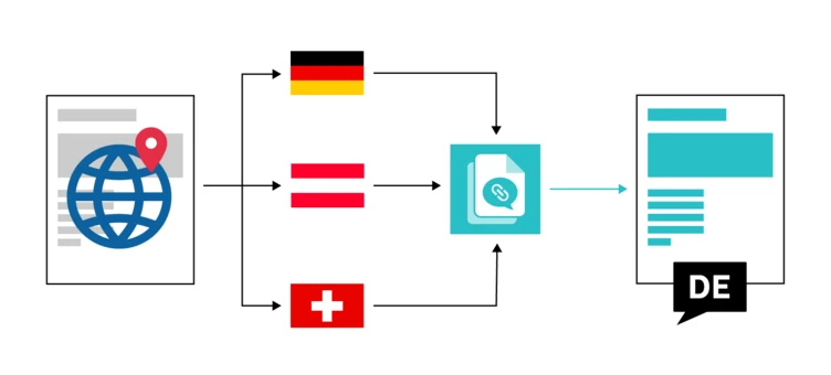 Flowchart illustrating a process involving a globe icon, flags of Germany, Austria, and Switzerland, and a document icon. The flow indicates translation or communication from various countries to a German-language document.