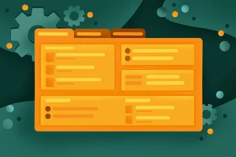 A yellow user interface panel featuring multiple sections and tabs, set against a dark green background with abstract shapes and gears. The panel includes placeholders for text and checkboxes.