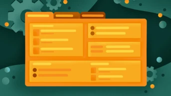 A yellow user interface panel featuring multiple sections and tabs, set against a dark green background with abstract shapes and gears. The panel includes placeholders for text and checkboxes.