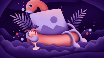 A stylized flamingo floats in a pool with a drink in its wing, surrounded by abstract shapes and tropical leaves. The color scheme features deep purples and soft pastels.