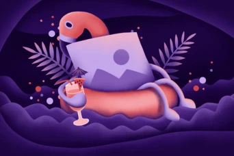 A stylized flamingo floats in a pool with a drink in its wing, surrounded by abstract shapes and tropical leaves. The color scheme features deep purples and soft pastels.