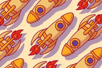 Colorful cartoon rockets with flames, featuring round windows and various designs, are arranged in a repeating pattern against a light background.