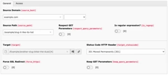 Form fields for configuring URL redirection, including options for source domain, source path, target URL, HTTP status code, and SSL redirect settings.